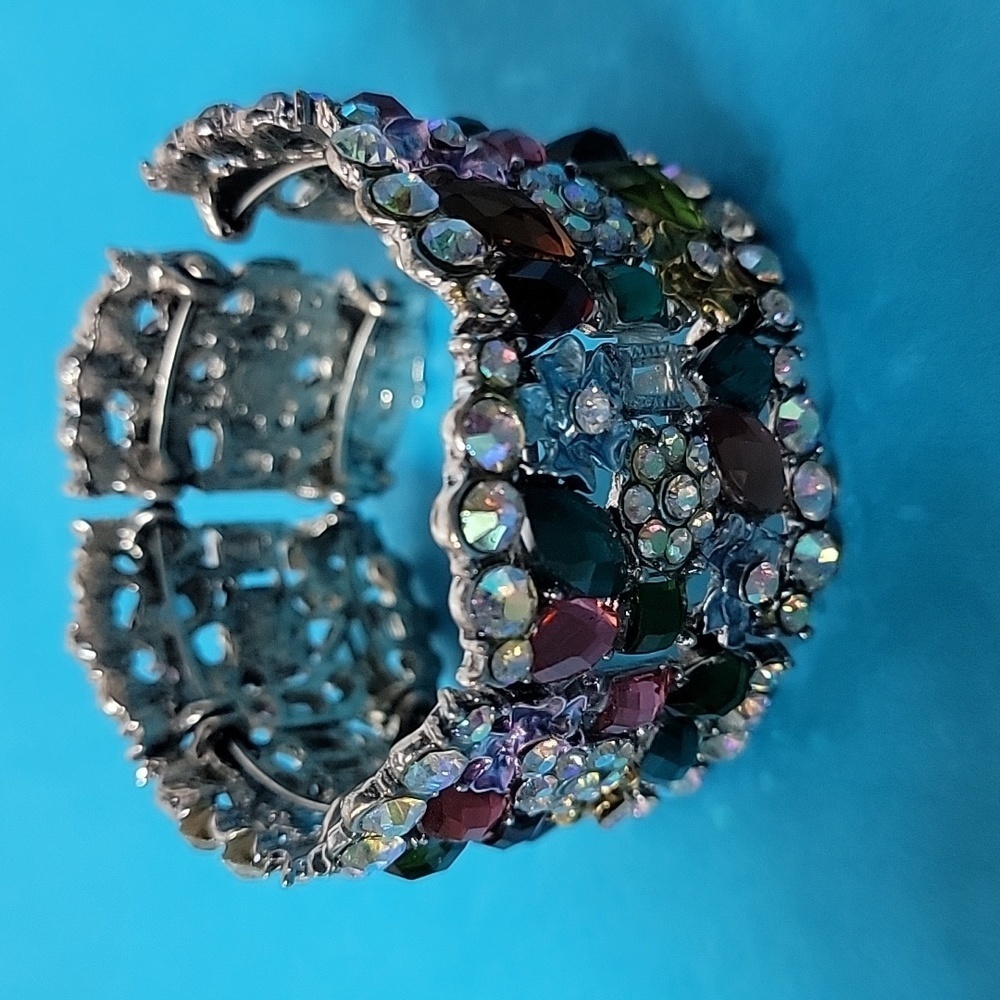 Cocktail Colorful Multi-Color Embellished Floral Rhinestone Stretchable Bangle - Picture 7 of 11